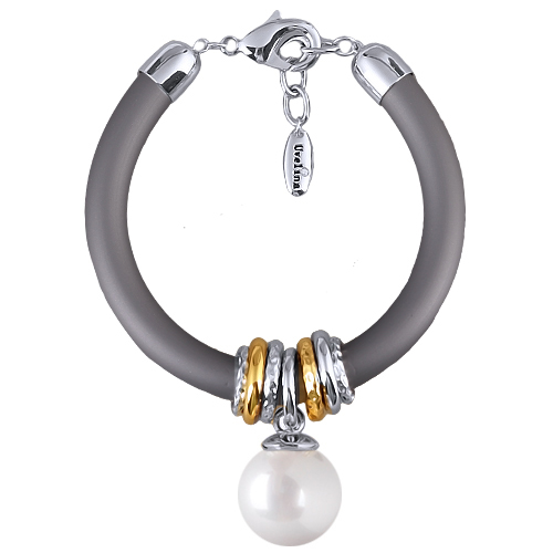 Браслет Гевея (Майорка 16мм белая, каучук серый; покрытие родий) 19-22см