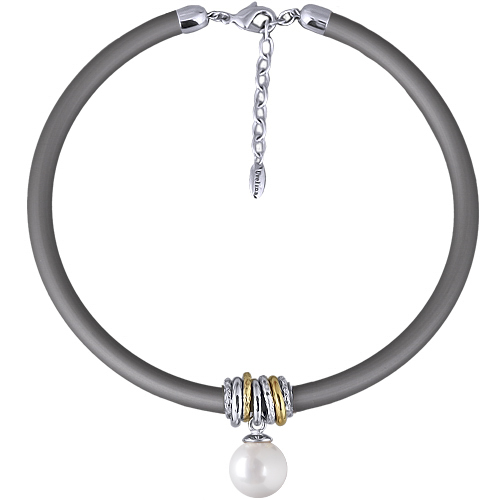 Колье Гевея (Майорка 16мм белая, каучук серый; покрытие родий) 40-45см