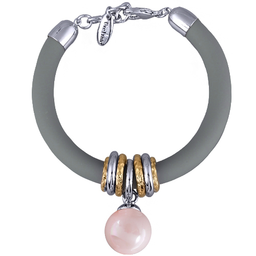 Браслет Гевея (Майорка 16мм холодно-розовая; каучук серый; покрытие родий) 22см