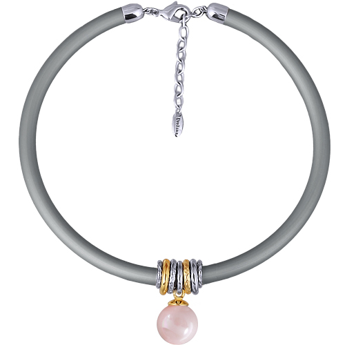 Колье Гевея (Майорка 16мм холодно-розовая; каучук серый; покрытие родий) 40-45см