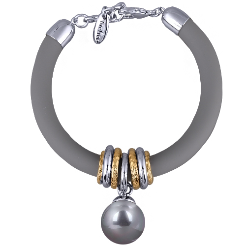 Браслет Гевея (Майорка 16мм серо-голубая, каучук серый; покрытие родий) 19-22см