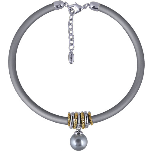 Колье Гевея (Майорка 16мм серо-голубая; каучук серый; покрытие родий) 40-45см