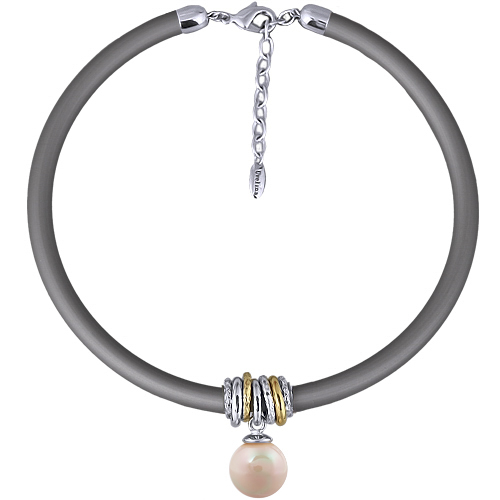 Колье Гевея (Майорка 16мм нежный персик, каучук серый; покрытие родий) 40-45см