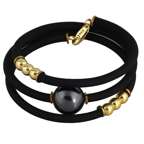 Браслет Гевея (Майорка 16мм темно-серая, каучук черный; покрытие золото)