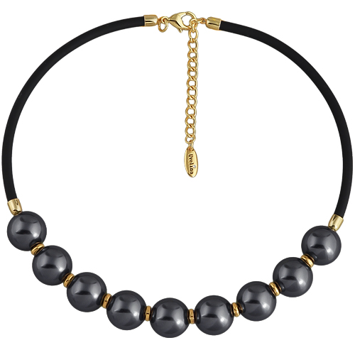 Колье Гевея (Майорка 16мм темно-серая, каучук черный; покрытие золото) 45-50см