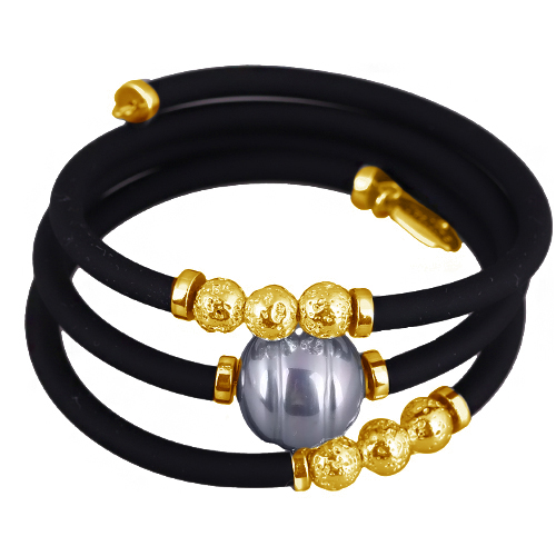 Браслет Гевея (Майорка 16мм серо-голубая, каучук черный; покрытие золото)