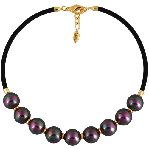 Колье Гевея (Майорка 16мм бургунди хамелеон, каучук черный; покрытие золото) 45-50см