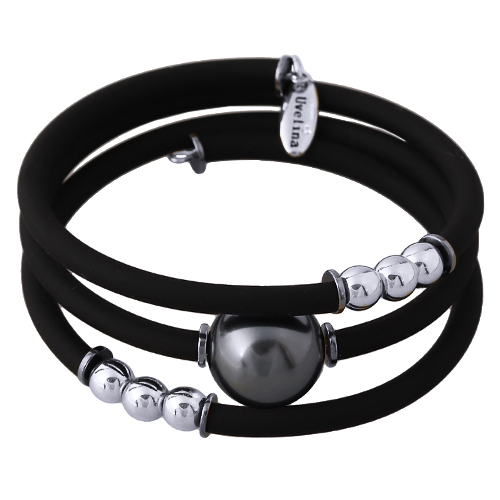 Браслет Гевея (Майорка 16мм темно-серая, каучук черный; покрытие родий)