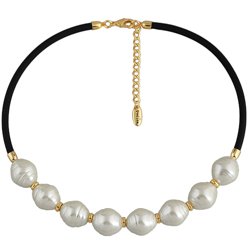 Колье Гевея (Майорка 16мм белая, каучук черный; покрытие золото) 42-47см