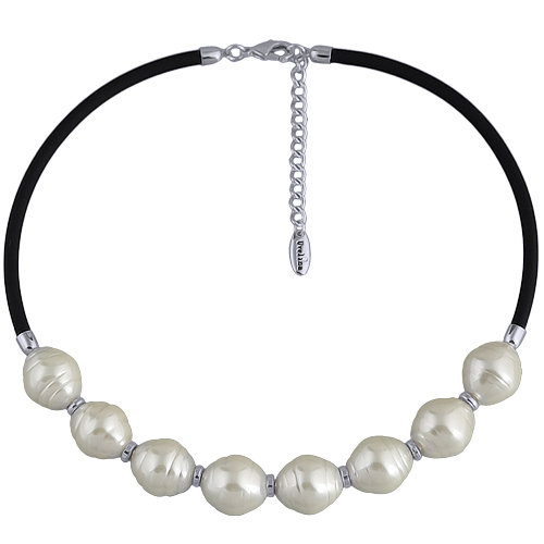 Колье Гевея (Майорка 16мм белая, каучук черный; покрытие родий) 42-47см