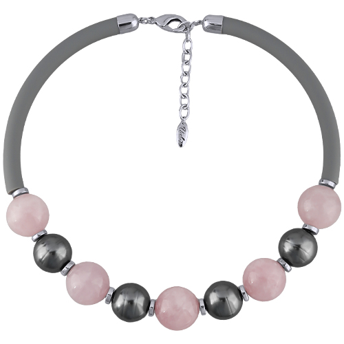 Колье Гевея (Майорка 18мм темно-серая, кварц, каучук; покрытие родий) 45-50см