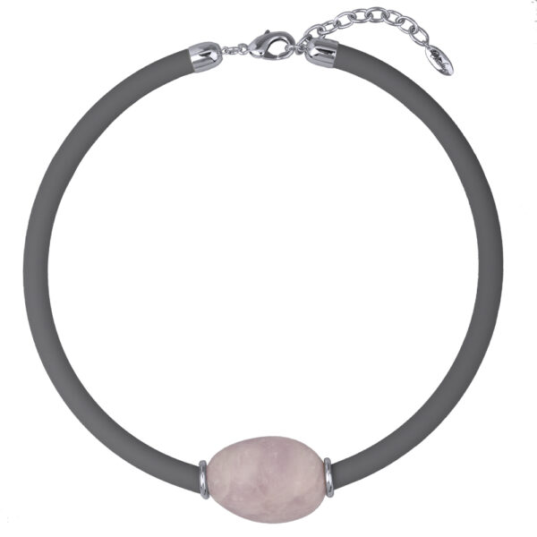 Колье Гевея (кварц розовый, каучук темно-серый; покрытие родий) 45-50см