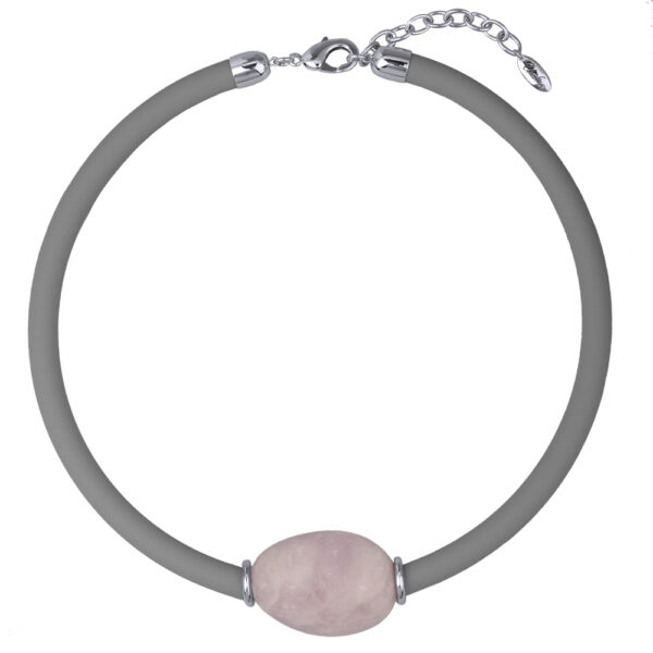 Колье Гевея (кварц розовый, каучук серый; покрытие родий) 45-50см