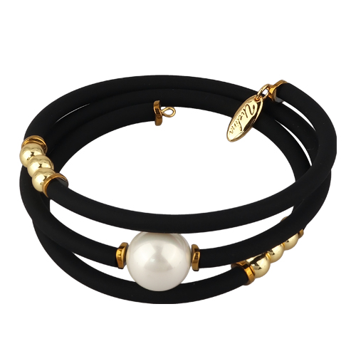 Браслет Гевея (Майорка 14мм белая, каучук черный; покрытие золото)