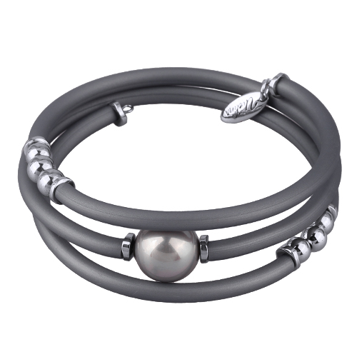 Браслет Гевея (Майорка 14мм серо-голубая, каучук серый; покрытие родий)