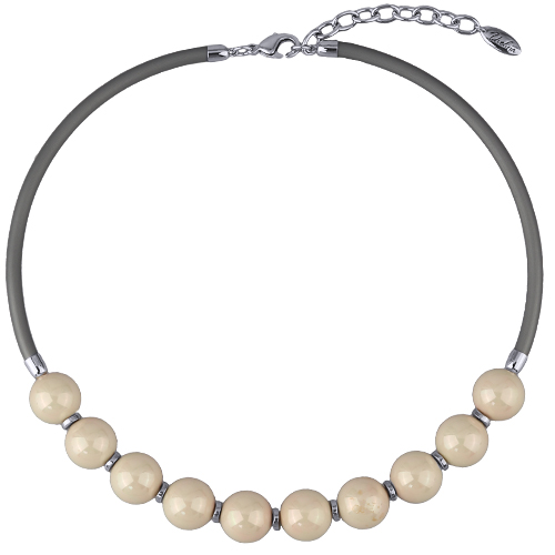 Колье Гевея (Майорка 14мм медовая роса, каучук серый; покрытие родий) 45-50см