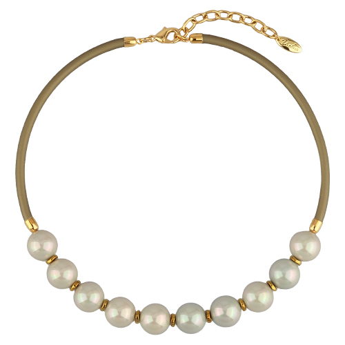 Колье Гевея (Майорка 14мм медовая роса, каучук оливковый; покрытие золото) 40-45см