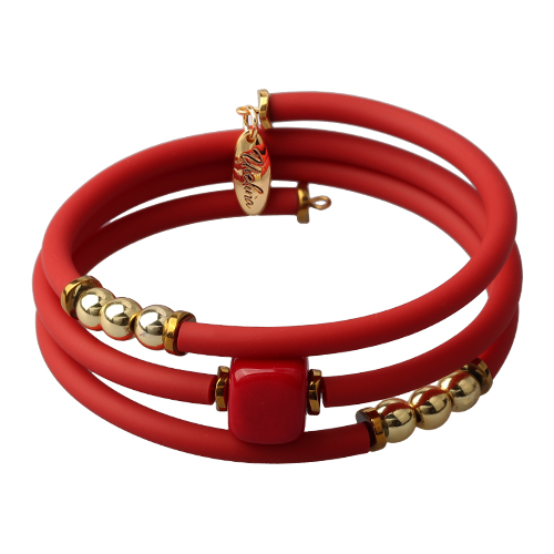 Браслет Гевея (коралл 10х10мм красный, каучук красный; покрытие золото)