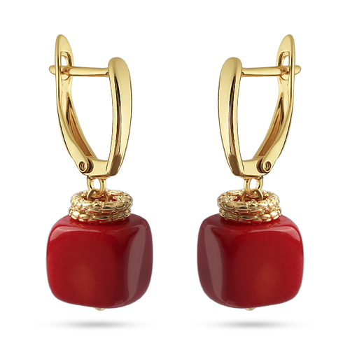 Серьги (коралл 10х10мм красный; покрытие золото)
