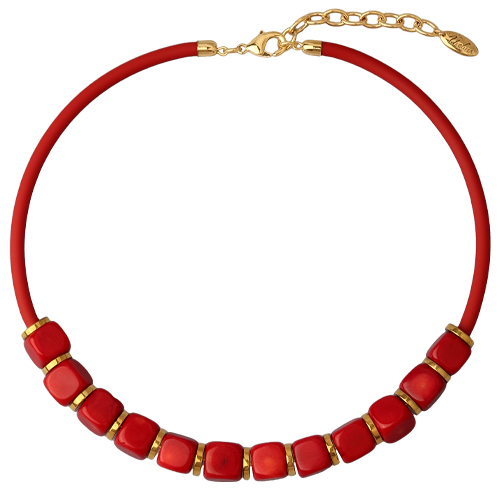 Колье Гевея (коралл 10х10мм красный, каучук красный; покрытие золото) 40-45см