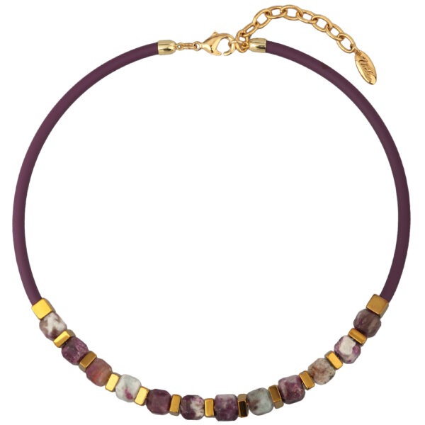Колье Гевея (сливовый турмалин, каучук лиловый; покрытие золото) 45-50см