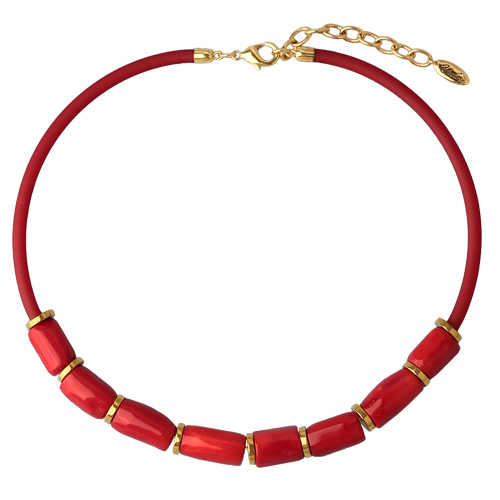 Колье Гевея (коралл 10х15мм красный, каучук красный; покрытие золото) 40-45см