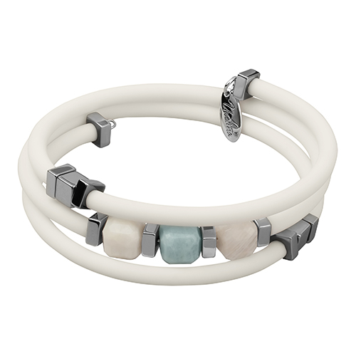 Браслет Гевея (аквамарин, кварц 9мм, каучук белый; покрытие родий)