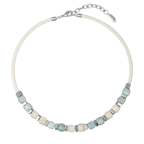 Колье Гевея (аквамарин, кварц 9мм, каучук белый; покрытие родий) 40-45см