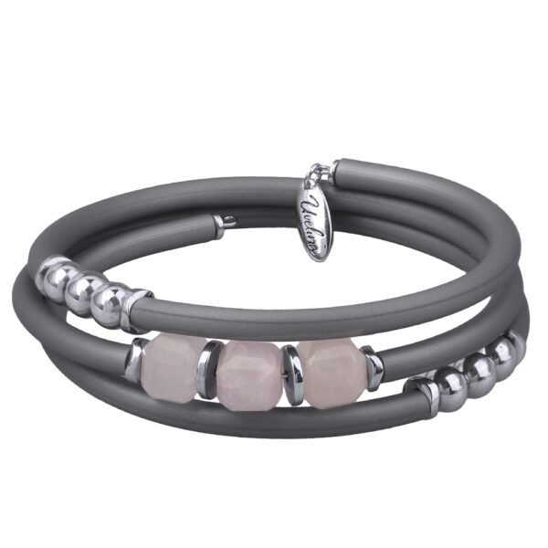 Браслет Гевея (кварц розовый, каучук серый; покрытие родий)