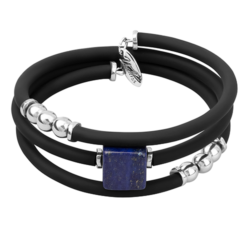Браслет Гевея (агат, лазурит 13х13мм, каучук черный; покрытие родий)