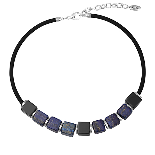 Колье Гевея (агат, лазурит 13х13мм, каучук черный; покрытие родий) 40-45см