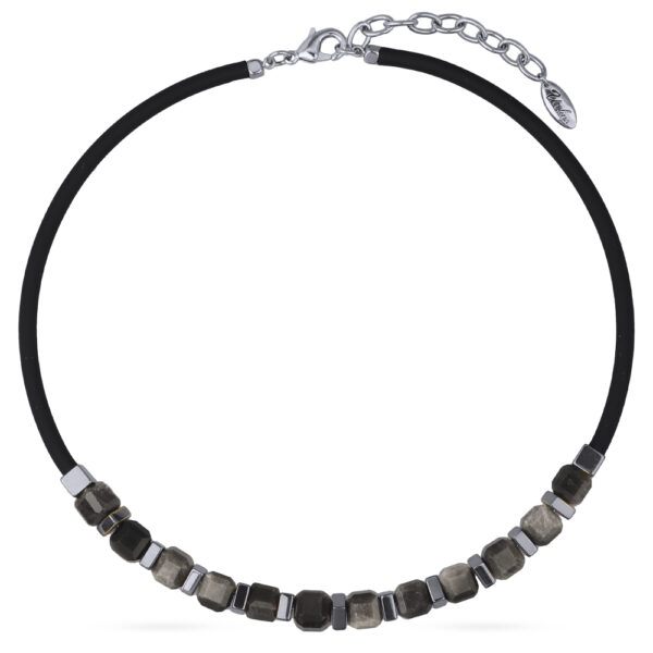 Колье Гевея (агат, каучук черный; покрытие родий) 40-45см