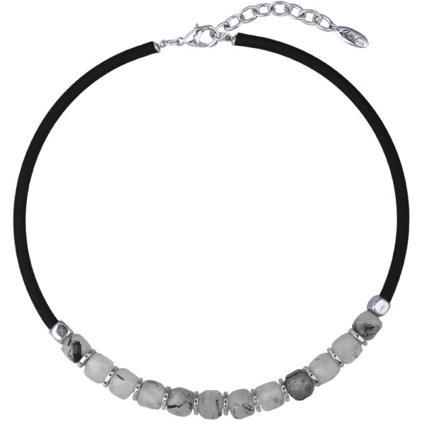 Колье Гевея (кварц серый, каучук черный; покрытие родий) 40-45см