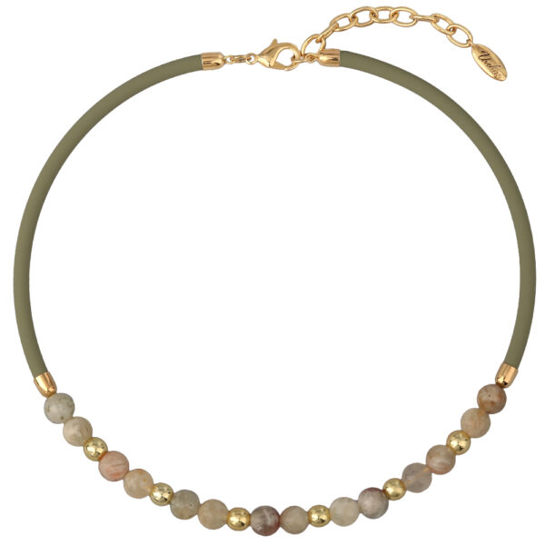 Колье Гевея (опал бежевый, каучук оливковый; покрытие золото) 45-50см