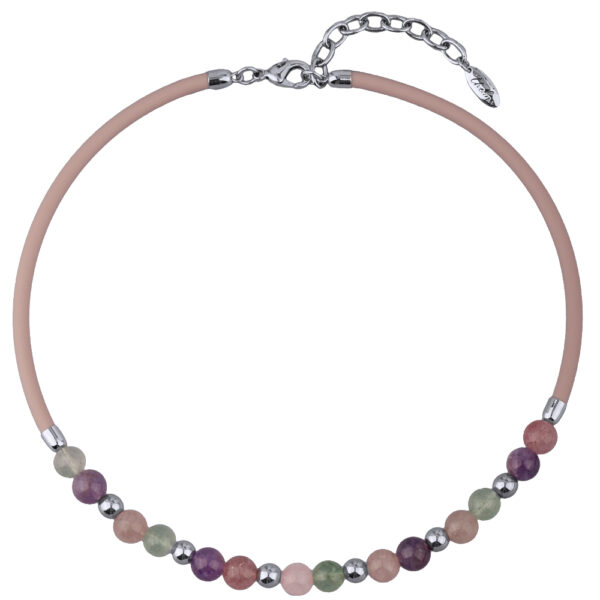 Колье Гевея (кварц микс, каучук розовый; покрытие родий) 45-50см