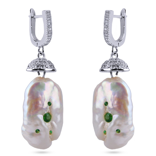 Серьги (жемчуг барочный белый; покрытие родий)