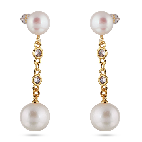 Серьги (жемчуг белый 9-11мм, фианит; покрытие золото)