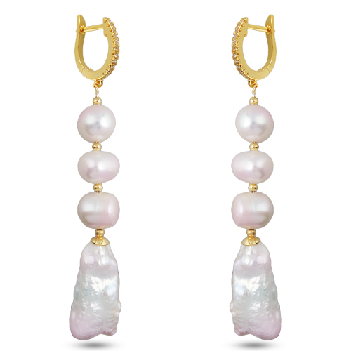 Серьги (жемчуг барочный белый, фианит; покрытие золото)