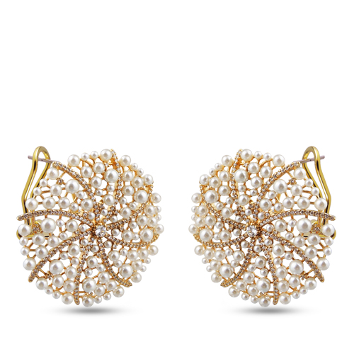 Серьги (жемчуг белый, фианит; покрытие золото)