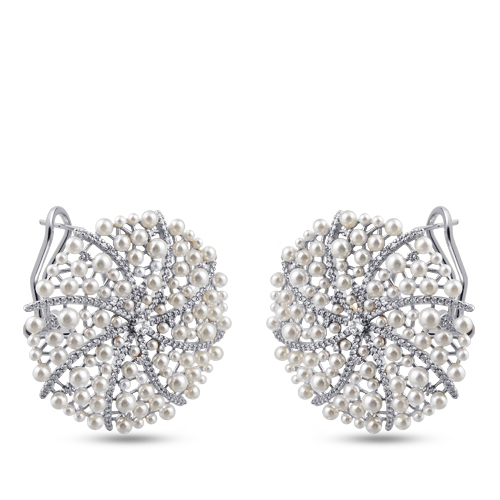 Серьги (жемчуг белый, фианит; покрытие родий)