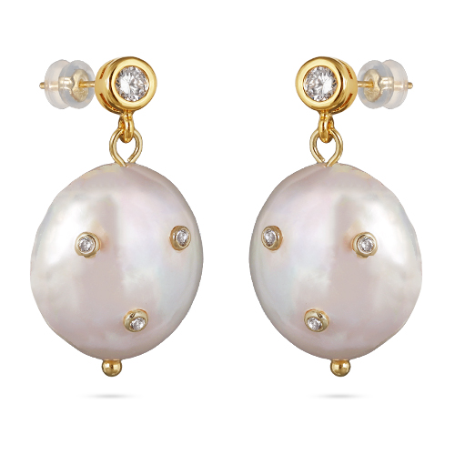 Серьги (жемчуг белый 20мм, фианит белый; покрытие золото)