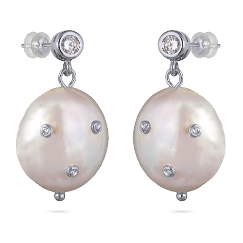 Серьги (жемчуг белый 20мм, белый фианит; покрытие родий)