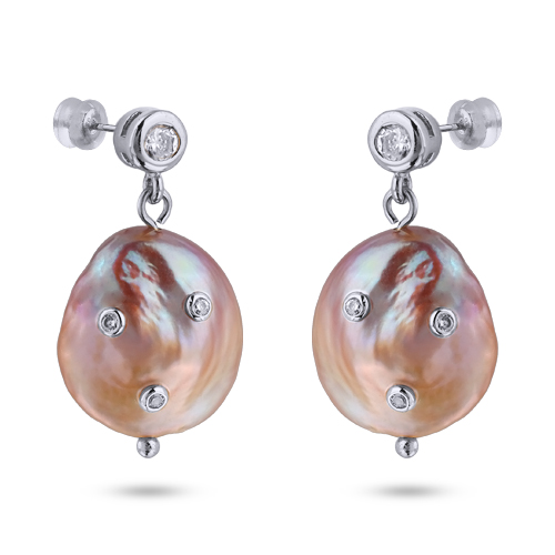 Серьги (жемчуг розовый 20мм, белый фианит; покрытие родий)