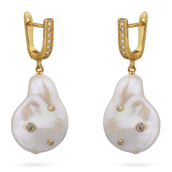 Серьги (жемчуг барочный белый 20мм, фианит; покрытие золото)