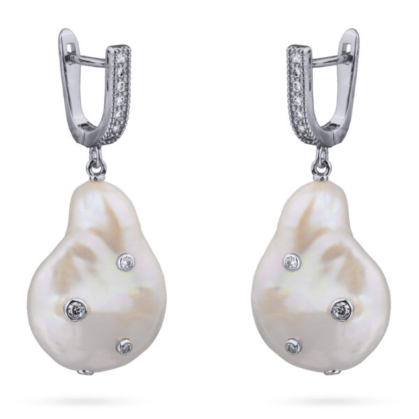 Серьги (жемчуг барочный белый 20мм, фианиты; покрытие родий)
