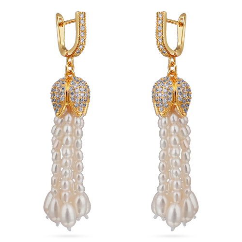 Серьги (жемчуг белый 3-4мм; покрытие золото)