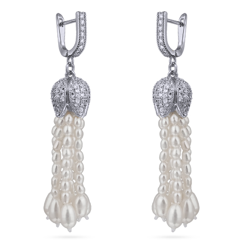 Серьги (жемчуг белый 3-4мм; покрытие родий)