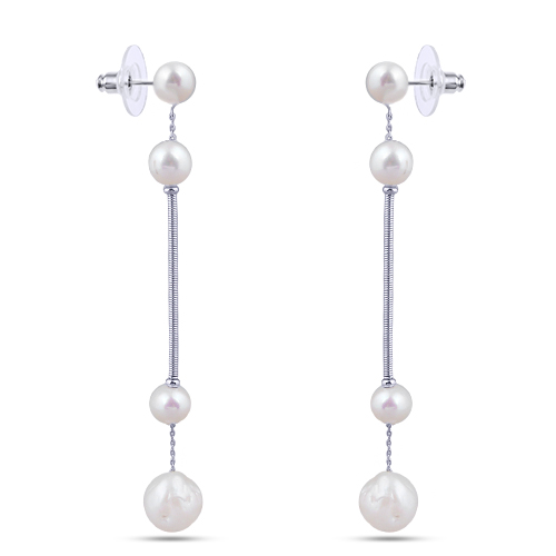 Серьги (жемчуг белый 7-12мм; покрытие родий)