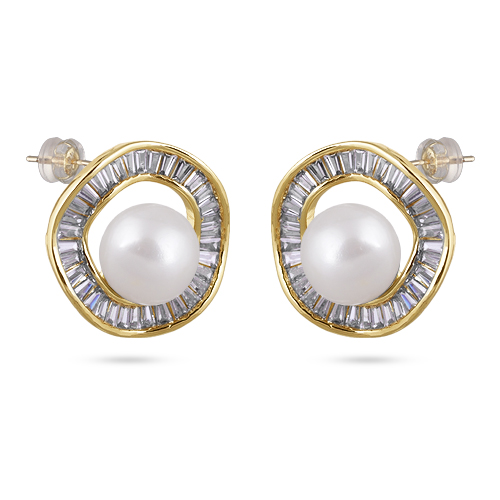 Серьги (жемчуг белый 9мм, цирконы; покрытие золото)