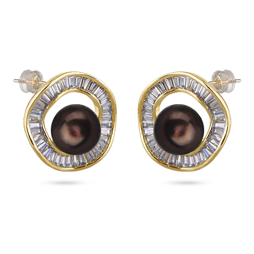 Серьги (жемчуг шоколад 9мм, фианит; покрытие золото)